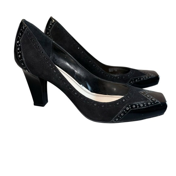 Franco Sarto Capital Women 9.5M Black Patent Leather Suede 3" Heel Square Toe - Picture 2 of 9
